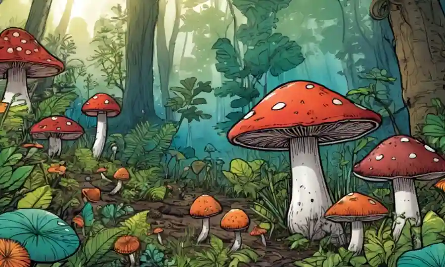 Los hongos brotan entre flora y fauna diversa en un ecosistema forestal vibrante.