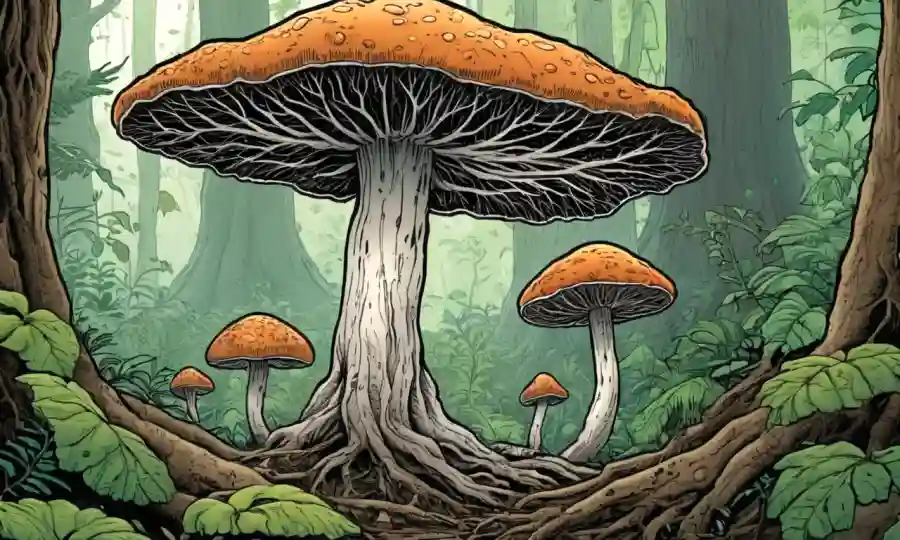 Fungi mycelium connecting plant roots in a lush forest ecosystem.