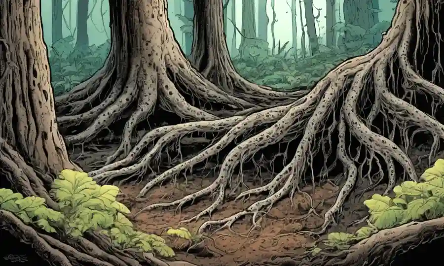 Hifa fúngica envolviendo las raíces de las plantas en una escena del suelo forestal.