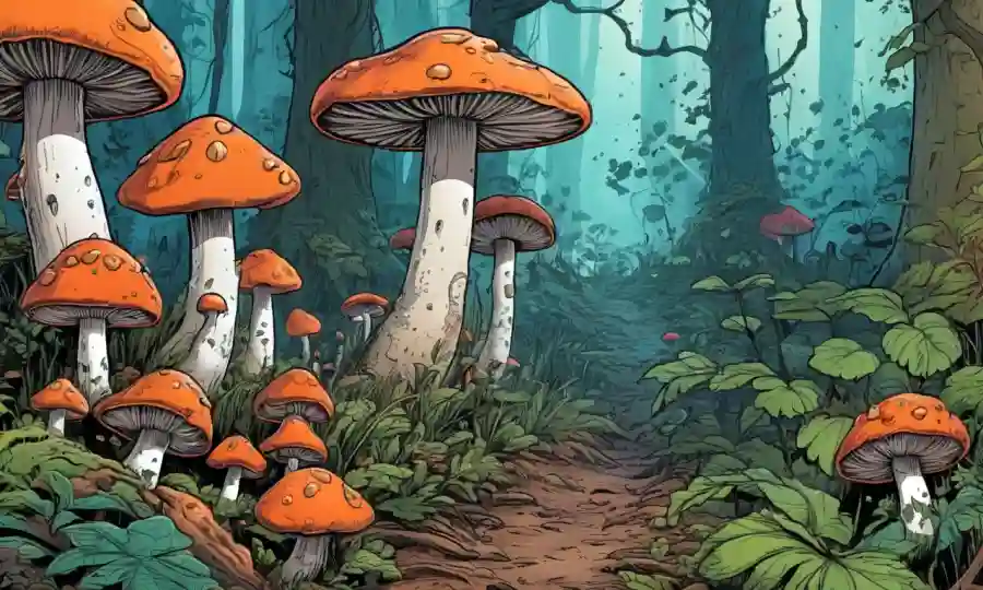 Un bosque lleno de hongos con hongos rompiendo materia orgánica.