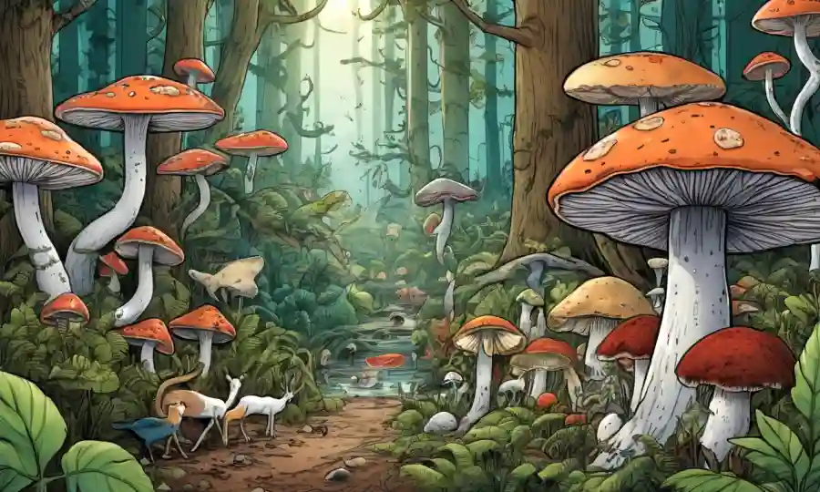 Ilustración de varias especies de hongos conectados a animales en una escena forestal ecológica.