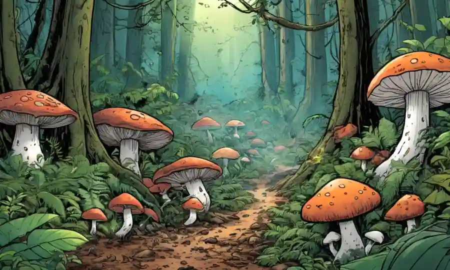 Fungi descompone la materia orgánica en un exuberante ecosistema forestal.