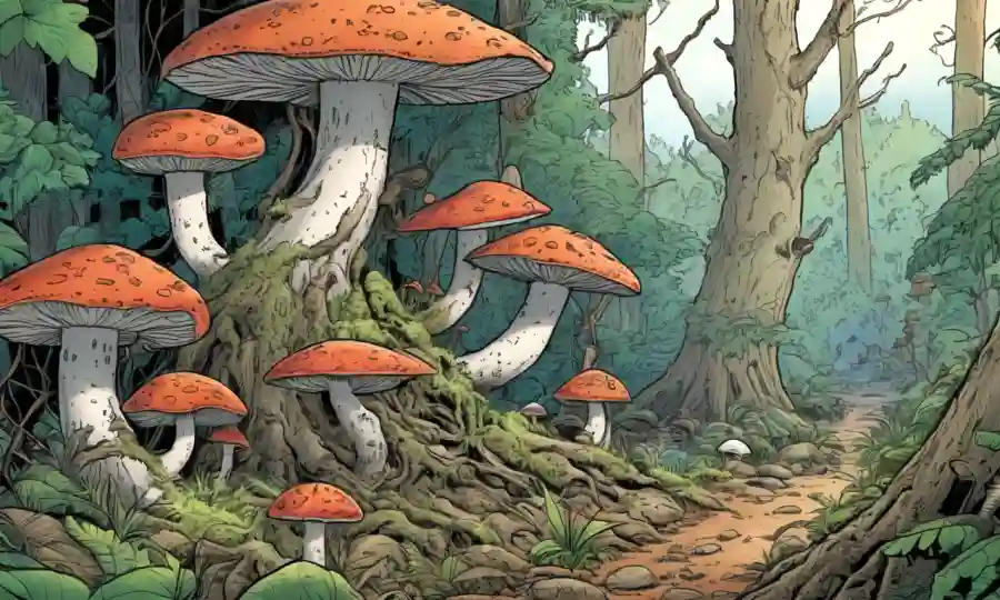 Un ecosistema forestal con varios hongos creciendo en árboles y en subdesarrollo.