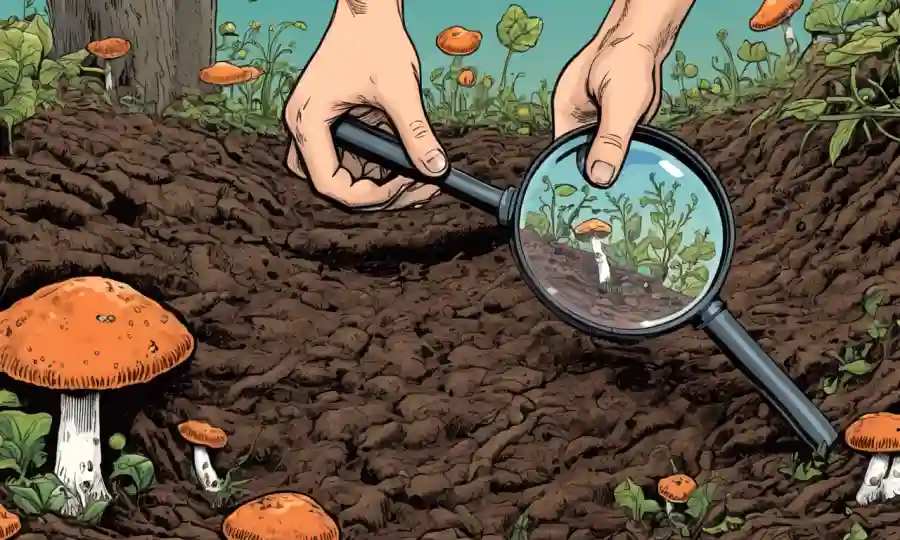 Fungi creciendo en suelo con una persona con una lupa.
