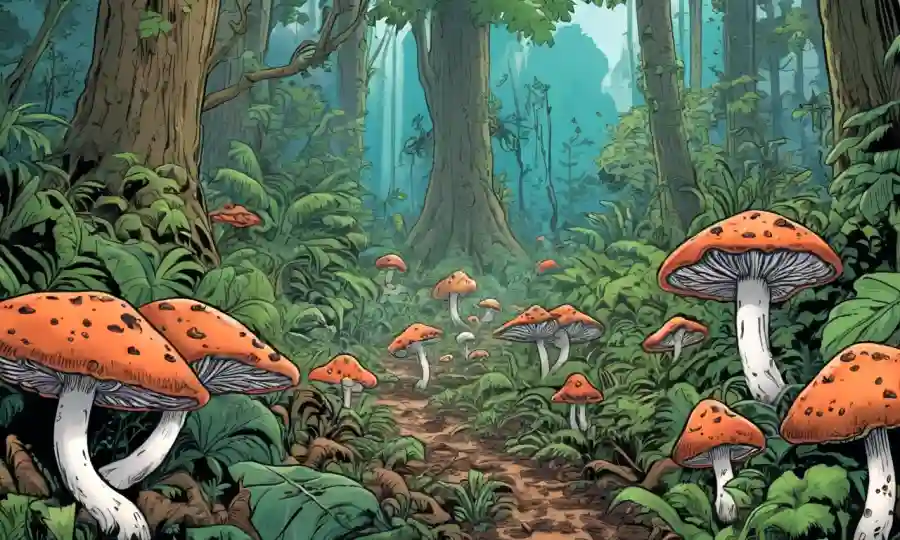 Fungi descompone la materia orgánica en un exuberante ecosistema forestal.
