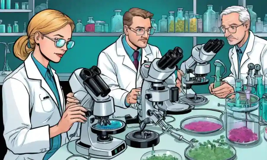 Científicos en capas de laboratorio que estudian hongos con microscopios y platos petri.