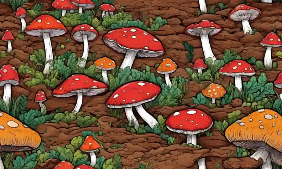 Setas que crecen en varias formas y colores en medio del suelo agrícola.
