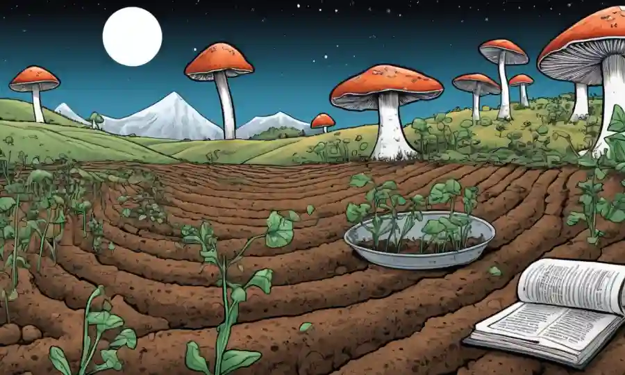 Fungi creciendo en suelo agrícola rodeado de grafitos y papeles de investigación.