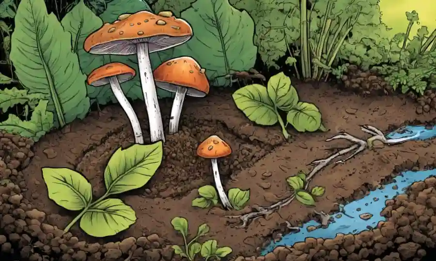 Ilustración de hongos creciendo en suelo, con flechas y hojas simbolizando sus funciones ecológicas.