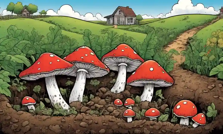 Crecimiento de hongos en suelo rodeado de elementos agrícolas e ilustraciones.