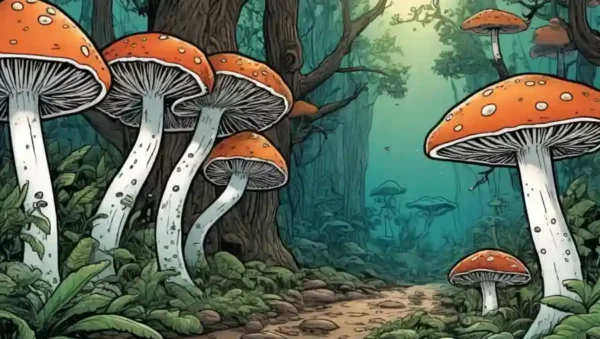 Ilustración de hongos interactuando con árboles o plantas