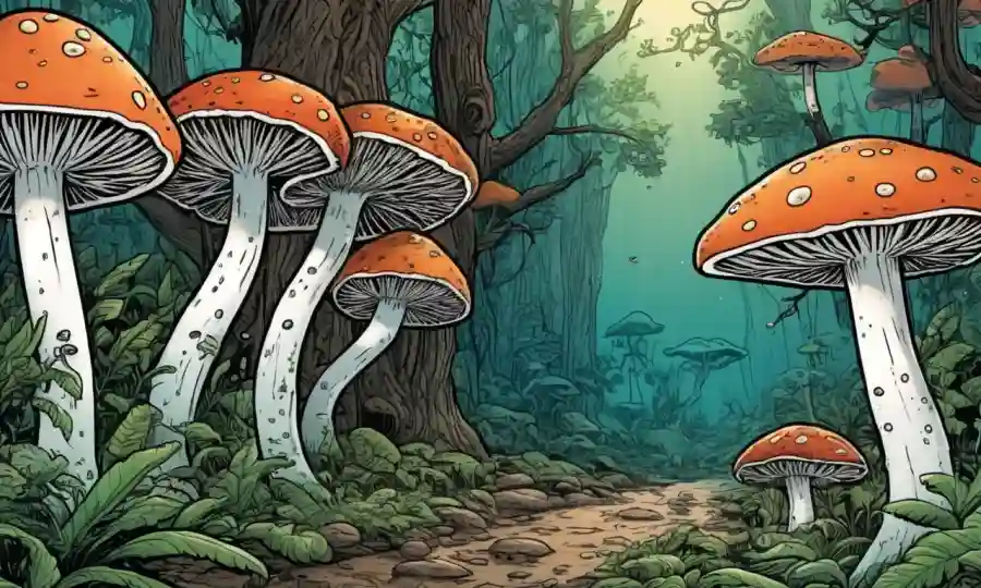 Ilustración de hongos interactuando con árboles o plantas