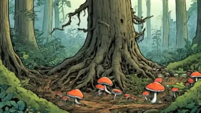 Fungi creciendo alrededor de las raíces de árboles en medio del exuberante follaje forestal.