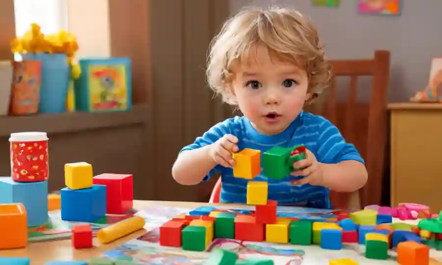 Un niño joven con una taza de juguete y bloques con materiales educativos coloridos para niños pequeños.