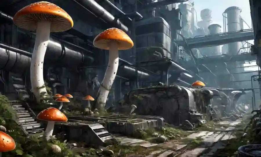Setas creciendo en medio de residuos de reciclaje en un entorno industrial futurista.
