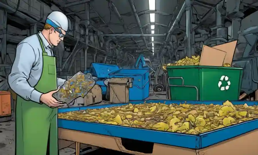Científico examinando hongos creciendo en cartón junto con maquinaria de reciclaje.