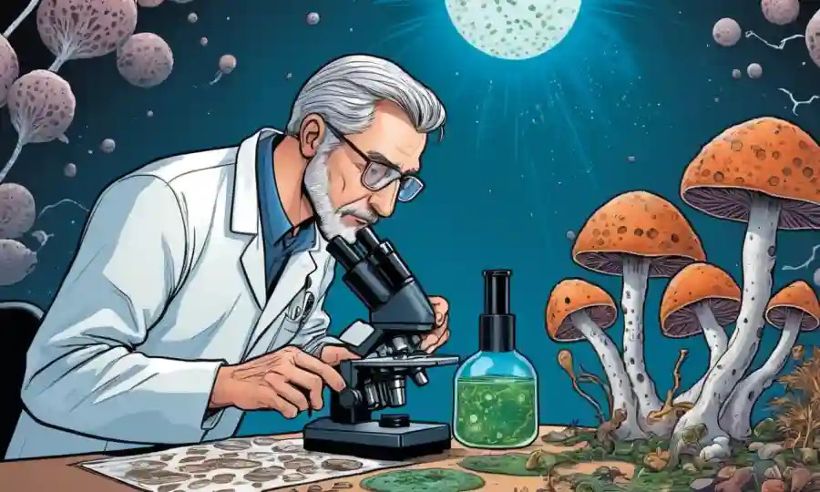 Un científico que estudia formas y estructuras de varios hongos bajo el microscopio.