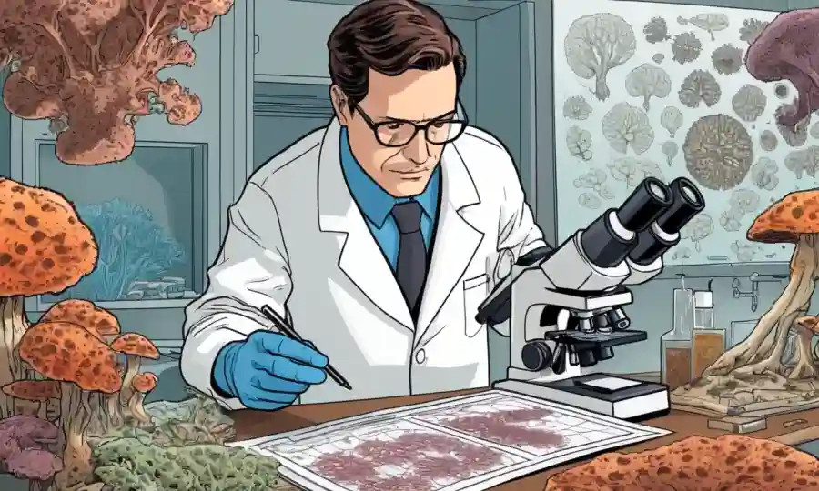 Un investigador que examina especímenes de hongos bajo un microscopio con gráficos morfológicos.