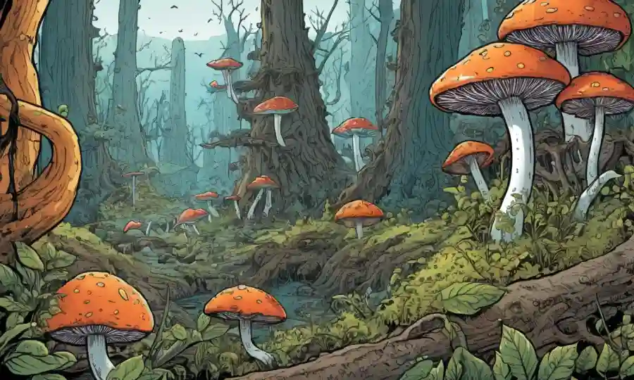 Un hongo creciendo en medio de varias formas y estructuras en diferentes ecosistemas.