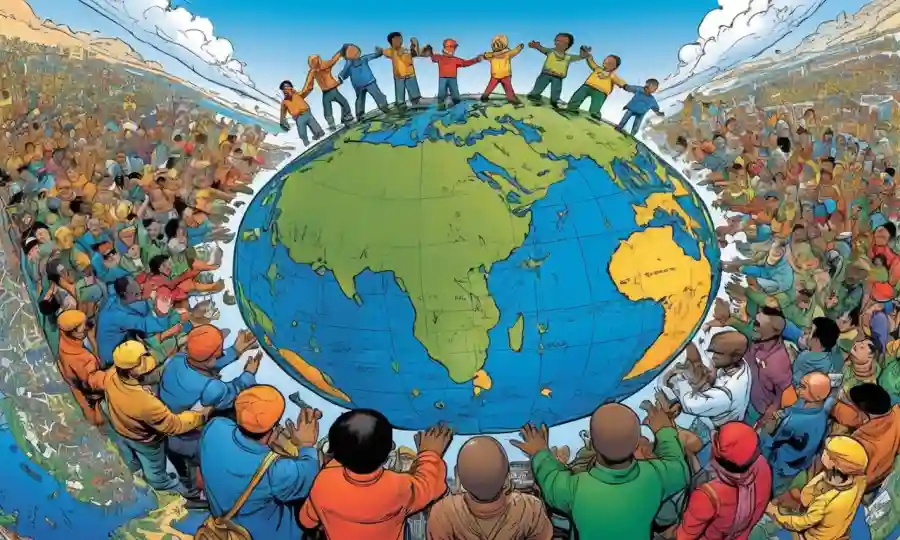 Un globo que muestra países interconectados con personas que trabajan juntas, simbolizando la sinergia.