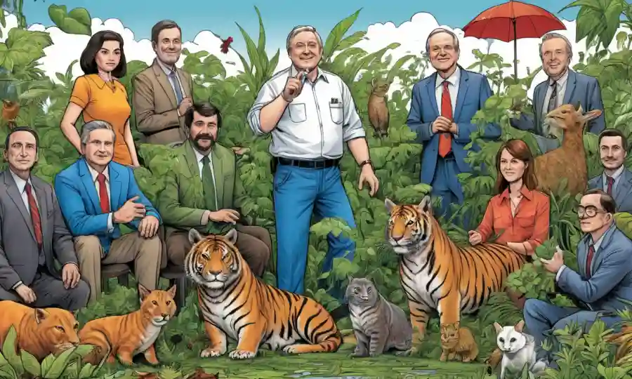 Los políticos rodeados de diversas plantas y animales