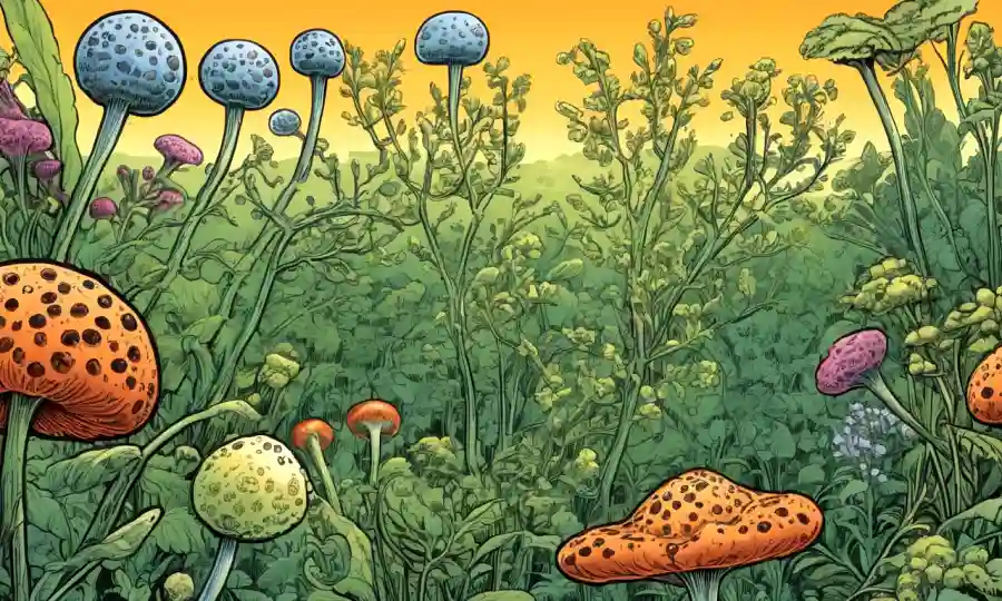 Ilustración científica de la reproducción de plantas destacando el papel de las esporas en la polinización cruzada.