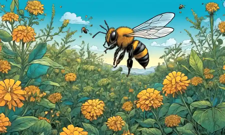 Una ilustración de concepto científico con plantas, abejas y detalles de polinización.