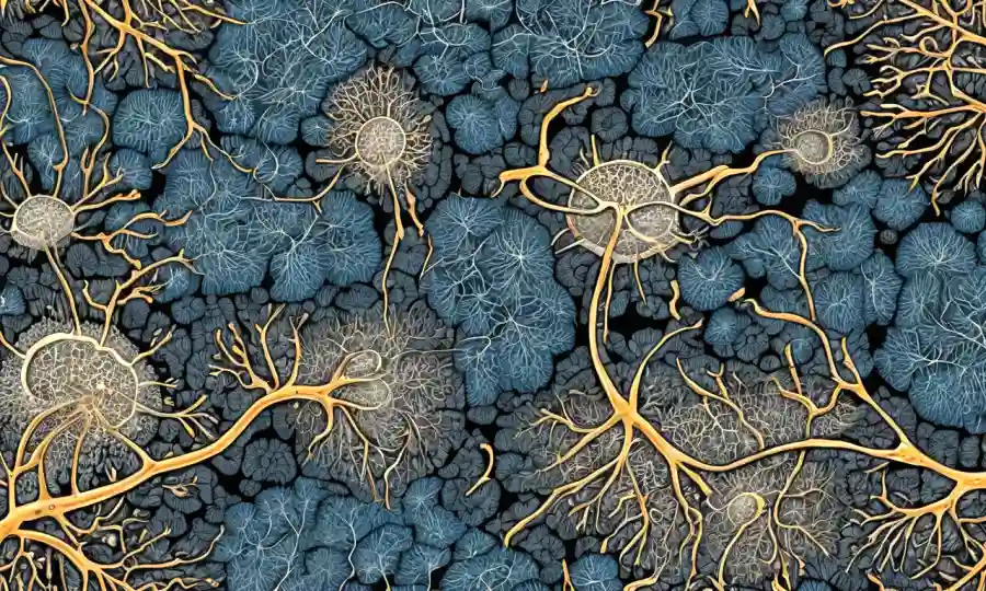 Estructuras microscópicas de hifae fúngicas ilustradas en el desarrollo de cuerpos de hongos.