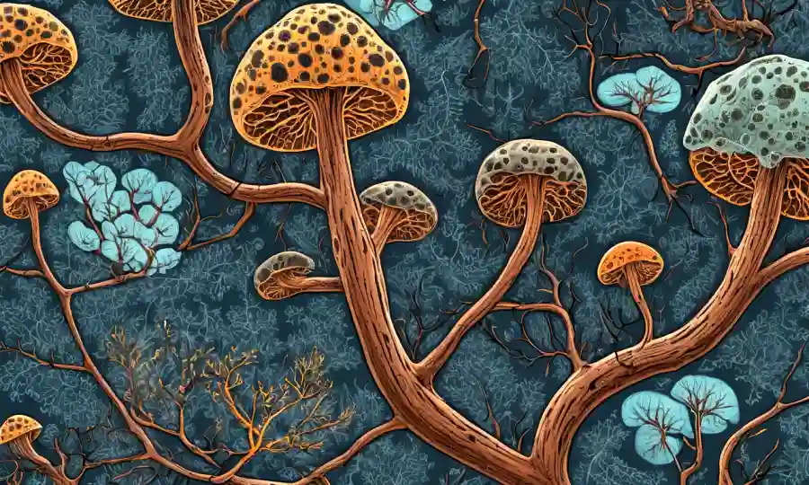 Imágenes microscópicas de hifae fúngica y organismos circundantes en una relación simbiótica.
