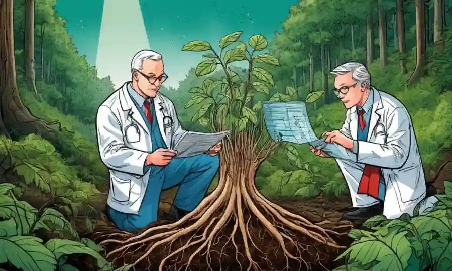 Científicos que estudian raíces vegetales en un entorno forestal con gráficos y gráficos de datos.
