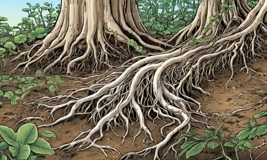 Red de hongos microscópicos que conecta las raíces de las plantas, con antecedentes de restauración ecológica. (Nota: Como este es un título científico, la descripción se centra en la representación visual del concepto en lugar de contexto específico de restauración ecológica.)