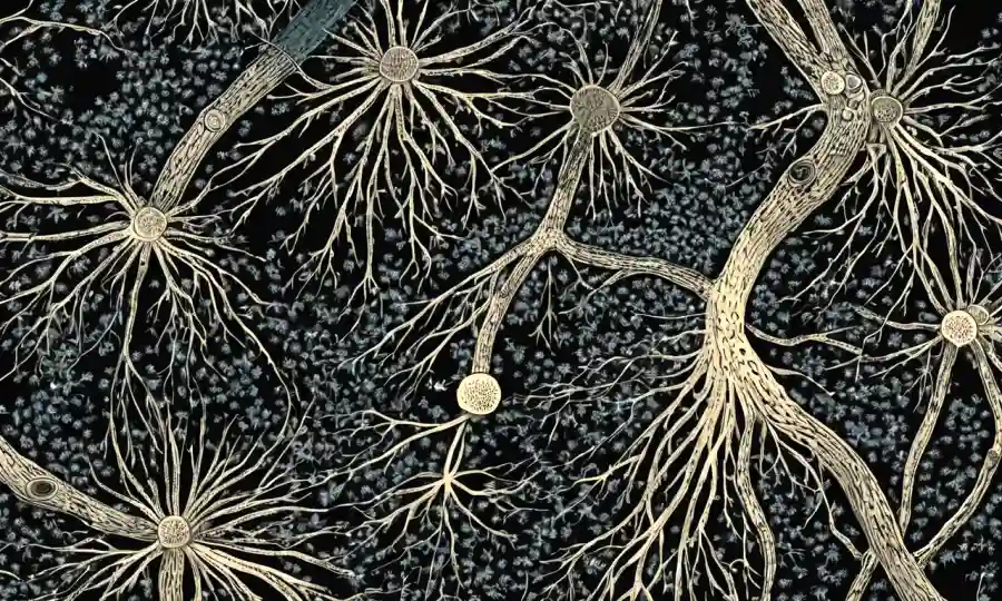 Una red de hifas fúngicas que conectan raíces vegetales bajo la superficie, ilustrada en un diagrama científico.