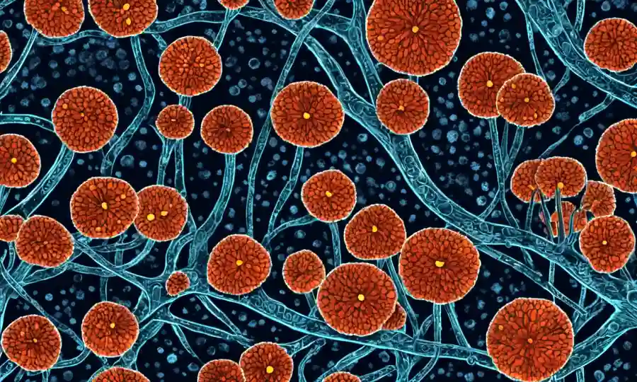 Imágenes microscópicas de células fúngicas con estructuras chitinas resaltadas.