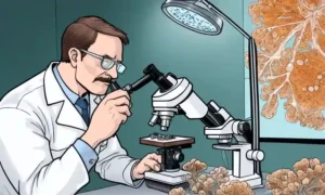 Mycologist examining quilliam polysaccharides under microscope in fungal research lab.