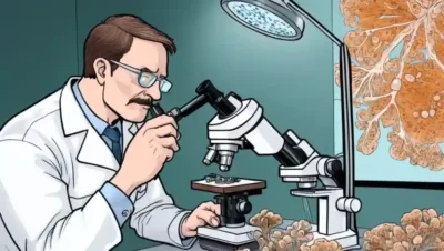 Mycologist examining quilliam polysaccharides under microscope in fungal research lab.