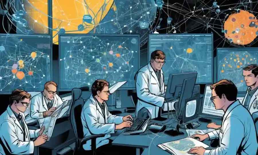 Científicos colaborando en computadoras, rodeados de diagramas de red y documentos de investigación.