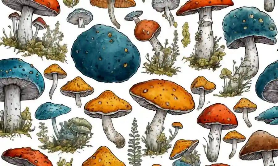 Disparos de hongos y creaciones artísticas en varios medios sobre un fondo blanco.