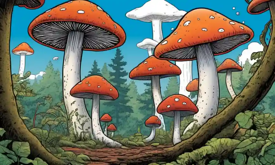 Ilustración de hongos que se conectan a los árboles en un ecosistema, destacando su papel en la reproducción fúngica.