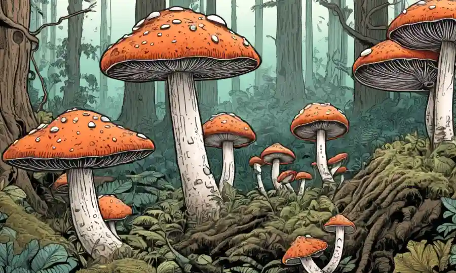 hongos hongos creciendo en un bosque con detalles intrincados sobre procesos de reproducción.
