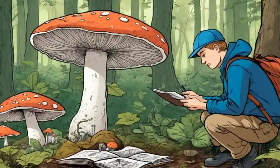 Un investigador de hongos que estudia hongos en un bosque junto a notas y equipos universitarios.
