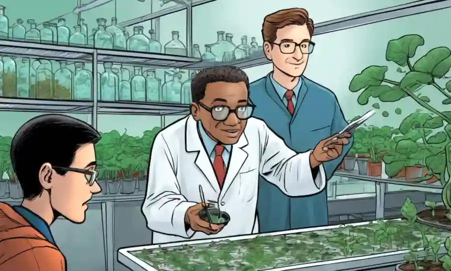 Un profesor universitario enseñando identificación fúngica a los estudiantes en un laboratorio o entorno de invernadero.
