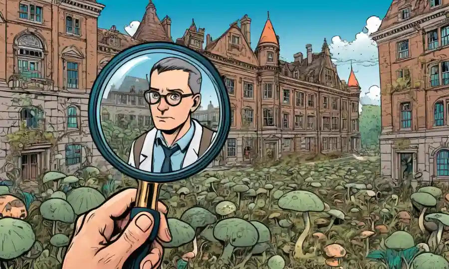 Una persona con una lupa, rodeada de especímenes fúngicos y edificios universitarios.