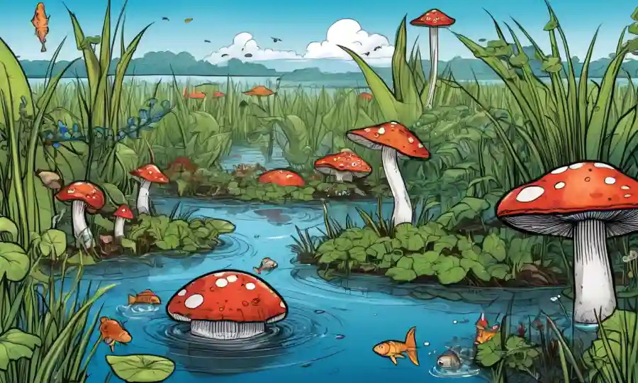 Setas rodeadas de plantas acuáticas y peces en un ecosistema de humedales saludable.