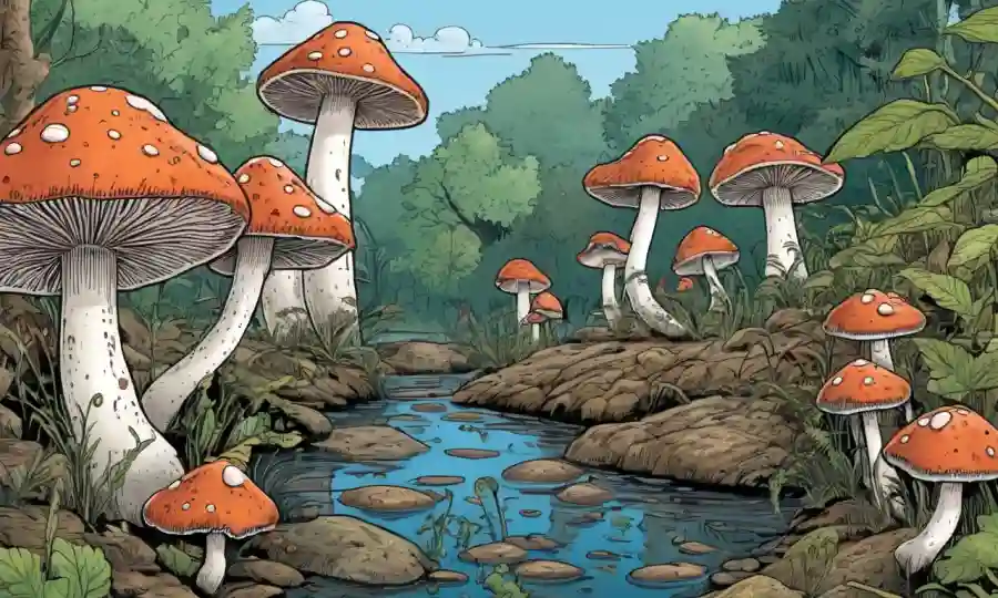 Especies de setas que prosperan en ecosistemas de agua dulce, con hongos diversos ilustrados.