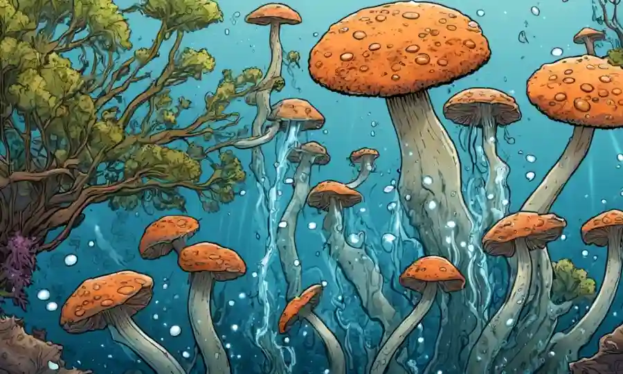 hongos microscópicos interactuando con microorganismos de agua en un ecosistema acuático.