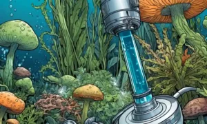 Imagen del microscopio acuático de hongos rodeados de vida vegetal.