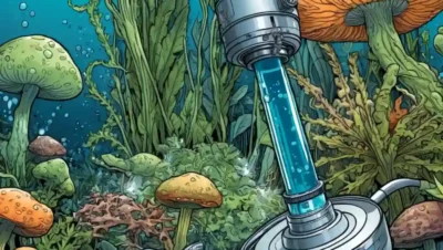 Imagen del microscopio acuático de hongos rodeados de vida vegetal.