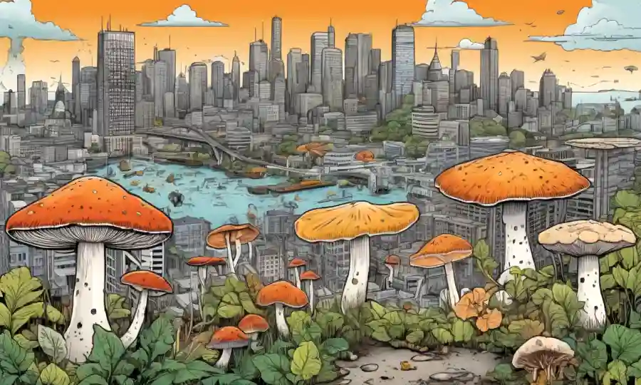 Collage of various fungi species found in urban environments, with cityscape backdrop and ecological diagrams.