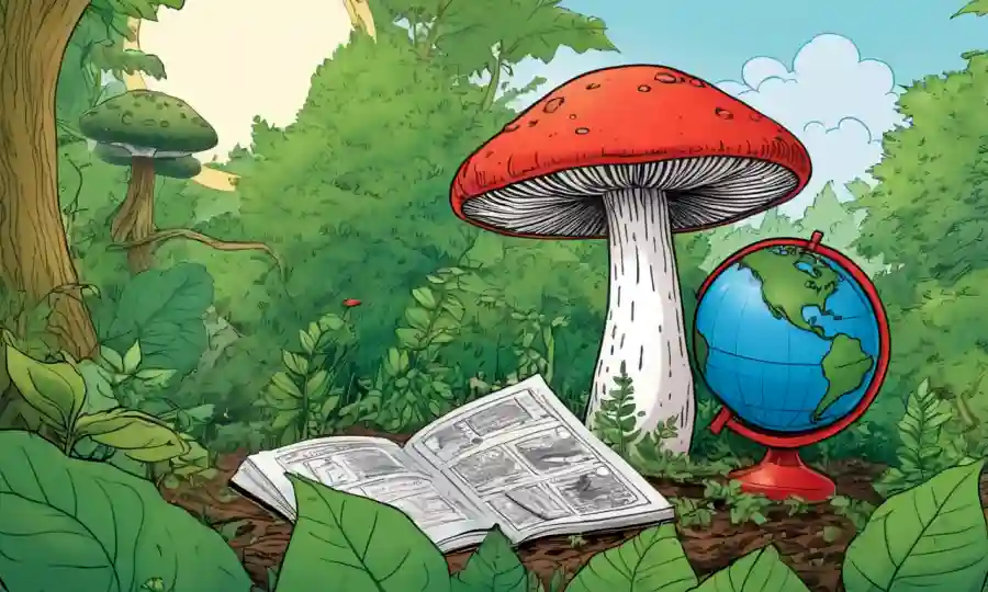 Un hongo creciendo en medio de vegetación con un globo y gráficos en el fondo.