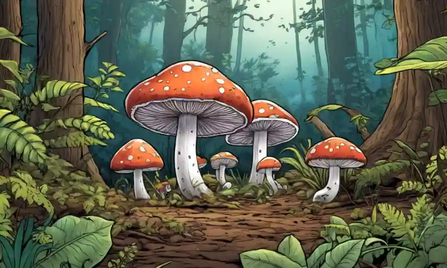 Fungi creciendo en el suelo forestal, rodeado de plantas y elementos naturales.